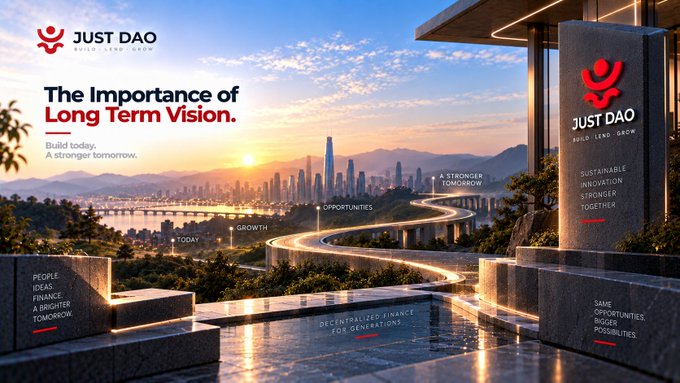 A promotional image for 'JUST DAO - BUILD LESS GROW' featuring the tagline 'The Importance of Long Term Vision' with text 'Build today. A stronger tomorrow.' and labels including 'TODAY', 'GROWTH', 'OPPORTUNITIES', 'A STRONGER TOMORROW', 'PEOPLE IDEAS FINANCE A BRIGHTER TOMORROW', 'DECENTRALIZED FINANCE FOR GENERATIONS', and 'SAME OPPORTUNITIES BIGGER POSSIBILITIES'.