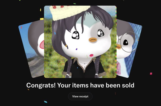 A digital screen displays a 'Congrats! Your items have been sold' message below three cartoon penguin avatars, with a 'View receipt' button at the bottom.