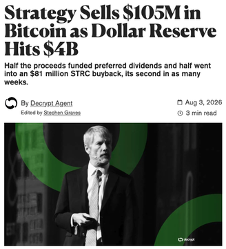 The image is a Decrypt article headline reading "Strategy Sells $105M in Bitcoin as Dollar Reserve Hits $4B," with a subhead explaining that proceeds funded preferred dividends and half an $81M STRC buyback. It features a photo of Michael Saylor and corresponds to the post's bullet about Strategy selling $105M in BTC to buy STRC preferred shares.