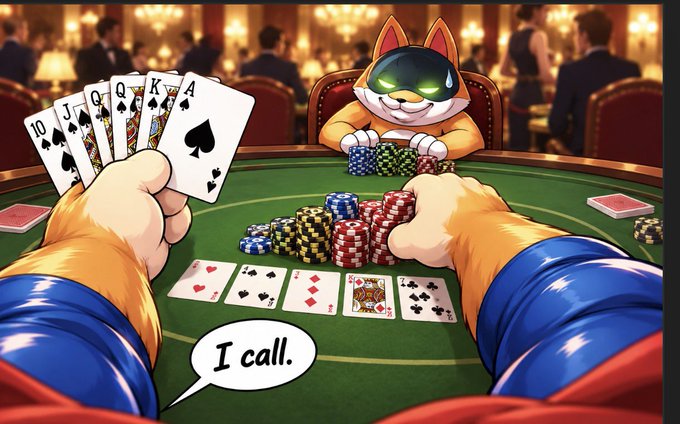 An AI-generated illustration depicts a poker game from a first-person perspective showing a royal flush in spades (10, J, Q, K, A), facing an anthropomorphic cat wearing sunglasses and a domino mask at a green felt table with the text 'I call.' in a speech bubble.