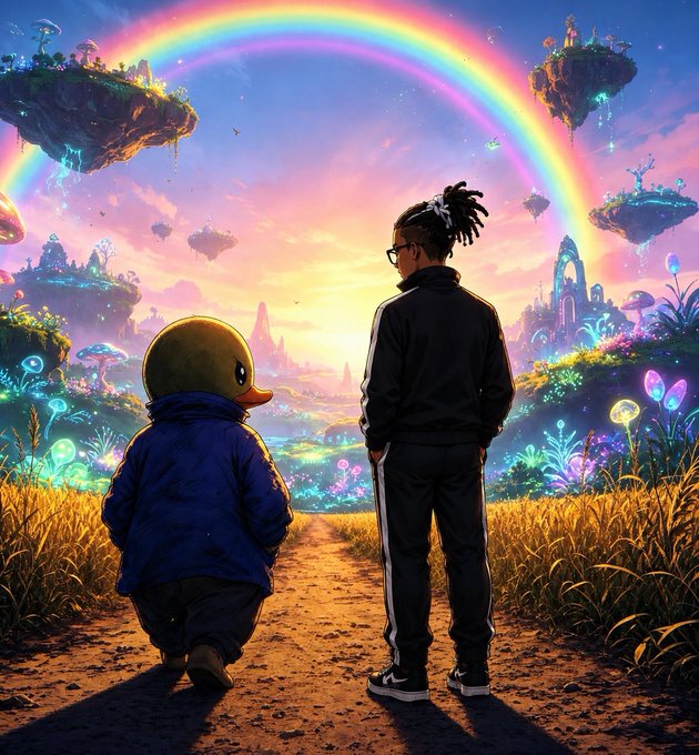 An animated duck wearing a blue puffer jacket walks alongside a person in black track pants toward a fantastical landscape of floating islands, glowing flora, and a rainbow.