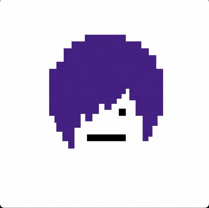A pixel art illustration featuring a purple shape resembling a character's head or hairstyle with a simple black face below it on a white background.