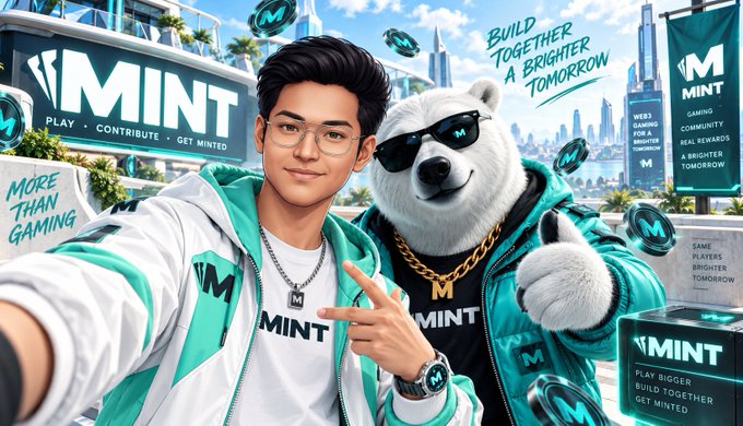 A promotional graphic featuring an anime-style young man and a polar bear mascot wearing sunglasses, both in teal and white outfits, surrounded by 'MINT' branding with slogans like 'PLAY • CONTRIBUTE • GET MINTED' and 'BUILD TOGETHER A BRIGHTER TOMORROW'.