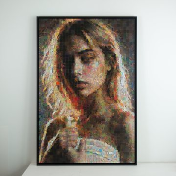 The image features an abstract painting that depicts a woman with blonde hair, wearing a white dress. The artwork is displayed on a black frame against a white background. The painting has been sold out at an art fair in Vienna, Austria, which was held last Thursday. The artist's name and the post where the painting was sold can be seen in the image.