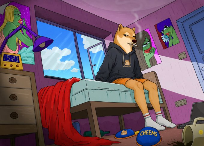 A colorful cartoon illustration of a Shiba Inu dog (Cheems) wearing a black hoodie and smoking, sitting on a bed in a purple-themed bedroom with Pepe the Frog artwork on the walls and Cheems slippers on the floor.