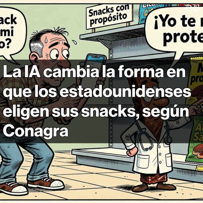 A cartoon illustration shows a sweating man on his phone and a doctorified snack bar character in a store, with Spanish text stating 'La IA cambia la forma en que los estadounidenses eligen sus snacks, según Conagra' and 'Snacks con propósito'.