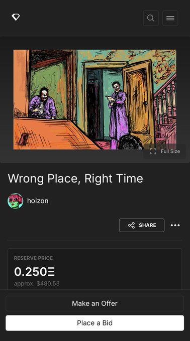 An NFT marketplace listing titled 'Wrong Place, Right Time' by user 'hoizon' with a reserve price of 0.250 ETH (approx. $480.53), featuring an illustration of two figures in an interior setting.
