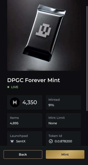 Detailed view of the DPGC Forever Mint listing, showing 91% minted (4,350 of 4,895 items) with no mint limit, launched on SentX with Token Id 0.0.878200.