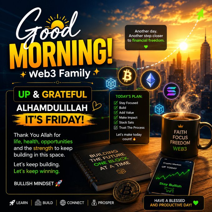 A motivational 'Good Morning' graphic for the 'Web3 Family' mentioning it's Friday, featuring religious text, a bull market plan, and imagery of a notebook, coffee mug, and Bitcoin.