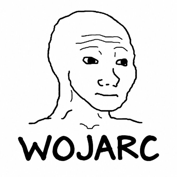 A black and white line drawing of a stoic face known as the 'Wojak' meme, with the word 'WOJARC' written in bold text below it.