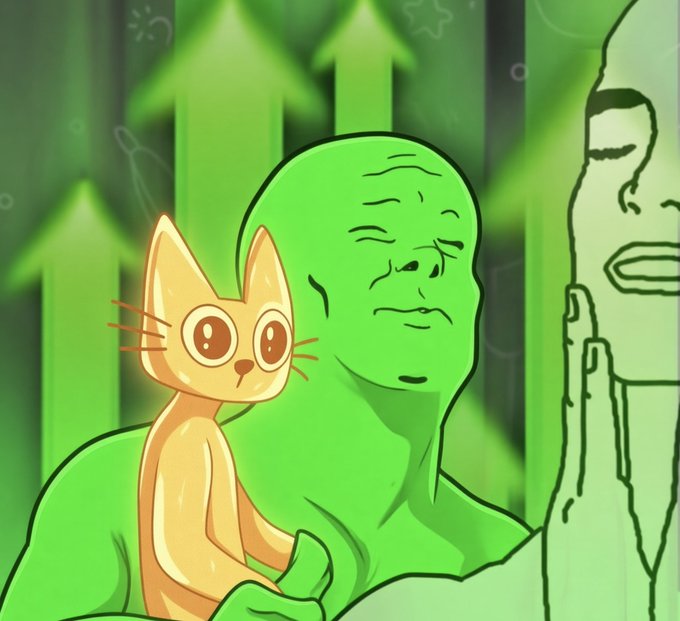 A digital illustration depicts a crying green humanoid figure holding an orange cat, with green arrows pointing upward in the background, while a green-tinted face looks on from the right edge.