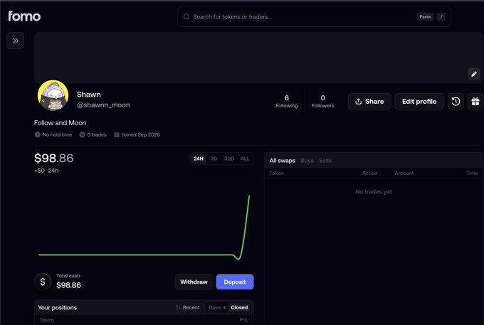 A dark-themed profile page on the fomo trading platform showing user 'Shawn' (@shawnr_moon) with 6 following, 0 followers, and a portfolio value of $98.86 (+$0 in 24h).