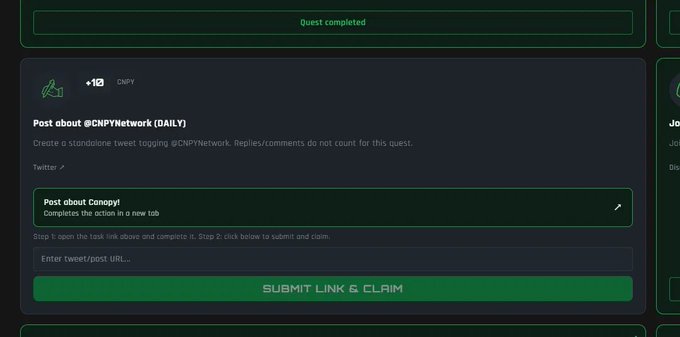 A screenshot of a Canopy platform quest completion page for posting about @CNPYnetwork daily, showing a +10 CMPY reward, instructions for submitting a tweet link, and a green 'SUBMIT LINK & CLAIM' button.
