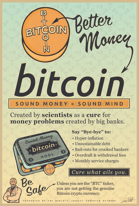 A vintage-style Bitcoin promotional poster with text reading 'bitcoin SOUND MONEY = SOUND MIND' and claims that Bitcoin is a cure for money problems created by big banks, created by scientists.