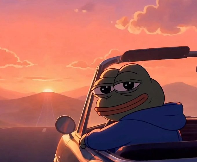 A cartoon illustration of the character Pepe the Frog with droopy eyes, wearing a blue hoodie and driving a convertible car down a highway at sunset.