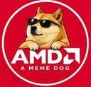 The image features the meme dog "Doge" wearing sunglasses, styled in a parody of the AMD logo with the text "AMD" prominently displayed and "A MEME DOG" written underneath, referencing the AMD cryptocurrency token recently launched on the pool, which has a market cap of $430K and is associated with the contract address 0x590898a162d39f46f8a27fb855d068d08d6b1e18, as advertised through FOMO trading on fomo.family/r/bingo_eth.