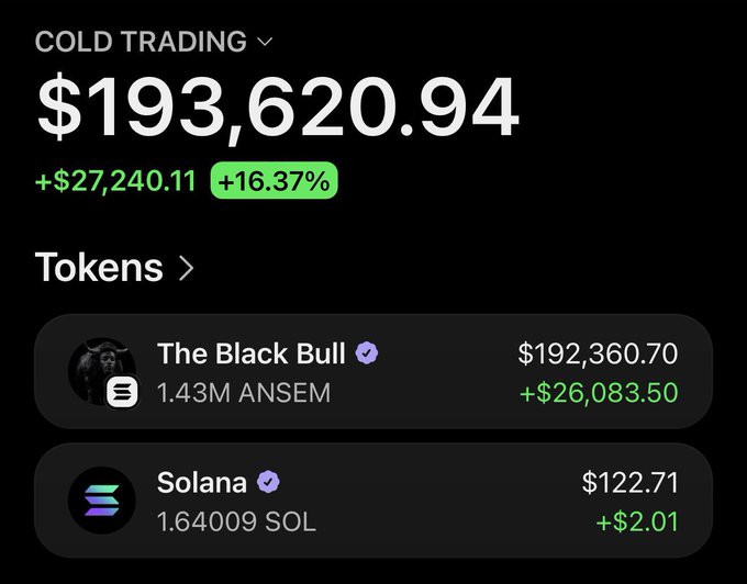 A screenshot of a Cold Trading portfolio totaling $193,620.94 (+16.37%), highlighting holdings of "The Black Bull" (ANSEM) valued at $192,360.70 with a +$26,083.50 gain, and Solana (SOL) at $122.71 with a +$2.01 increase. The portfolio performance aligns with the post's bullish sentiment about $ANSEM, showcasing significant gains on the token.