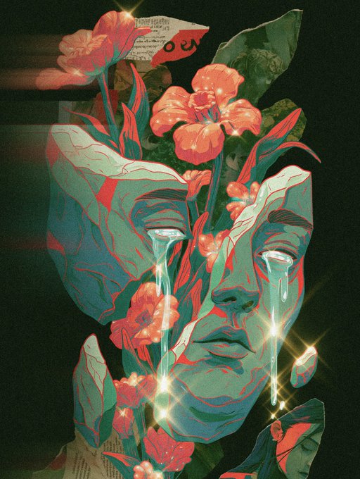 A surreal digital artwork showing two overlapping faces in green tones crying luminous tears, intertwined with pink flowers and leaves against a dark background.