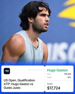 The image is a Polymarket betting slip featuring ATP tennis player Hugo Gaston, showing odds of $14,408 to win with a potential payout of $17,724, alongside an ATP matchup between Hugo Gaston and Guido Justo in US Open Qualification. The image relates to the post by showcasing one of the specific US Open bets the trader loaded, illustrating the kind of wager referenced in the commentary on his winning positions.