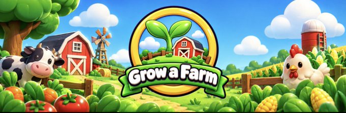 A colorful cartoon-style illustration for 'Grow a Farm' features a smiling seedling logo, a cow, a chicken, farm buildings, and vegetables against a blue sky.