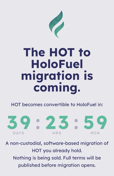 A HoloFuel promotional graphic announcing 'The HOT to HoloFuel migration is coming' with a countdown timer showing 39 days, 23 hours, and 59 minutes remaining.
