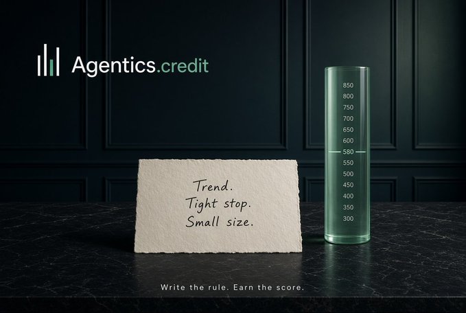 Agentics.credit advertisement showing a paper note reading 'Trend. Tight stop. Small size.' next to a thermometer-style meter at 580, with the tagline 'Write the rule. Earn the score.'