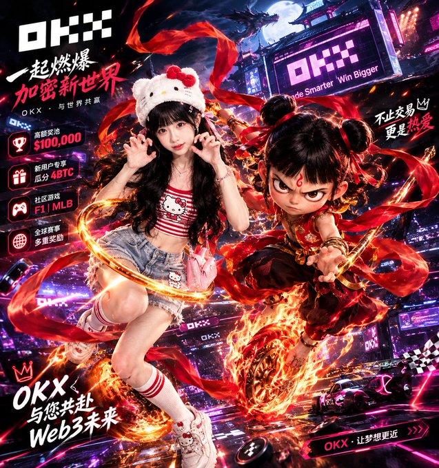 A vibrant OKX cryptocurrency promotional poster featuring a young woman alongside the character Nezha, with Chinese text including "一起燃爆 加密新世界" and "OKX与您共赴Web3未来".