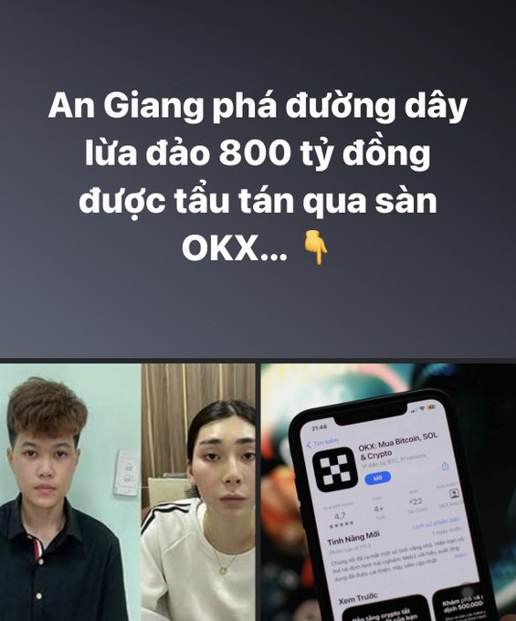 Vietnamese news graphic with the headline 'An Giang phá đường dây lừa đảo 800 tỷ đồng được tẩu tán qua sàn OKX...' displayed above photos of two suspects and a smartphone showing the OKX crypto exchange app listing BTC, SOL, and XRP.
