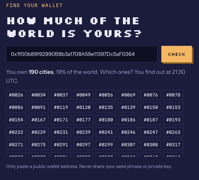 The image shows a "FIND YOUR WALLET" interface from PULSE World, where a user has entered the wallet address "0x1f00b89f92990B8b3a1708A59e11397Dc5aF0364" and discovered they own 190 cities (19% of the world), displayed as a grid of numbered city tiles like #0026, #0034, #0037, etc. The interface teases that the specific cities will be revealed at 21:30 UTC, connecting to PULSE World's narrative of all 1,000 cities lighting up simultaneously after reveal.