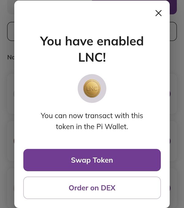 A Pi Wallet notification displays "You have enabled LNC!" with a gold coin icon, confirming that the token is now active for transactions and offering "Swap Token" and "Order on DEX" buttons—visually reinforcing the post's announcement of LNC's addition to the Pi ecosystem.