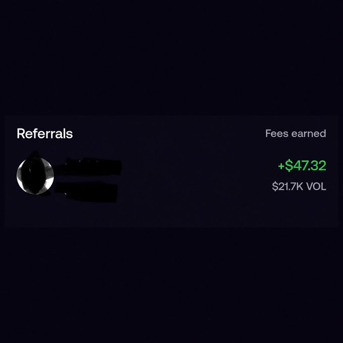 A dark-themed referral earnings dashboard showing 'Fees earned +$47.32' and '$21.7K VOL'.