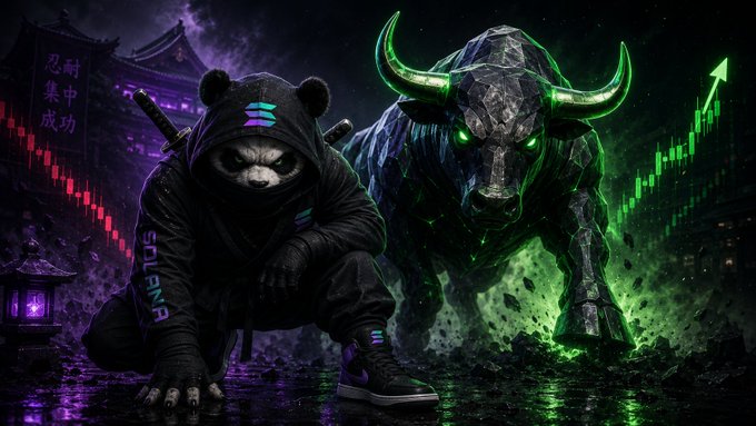 A dramatic digital artwork featuring a panda warrior in Solana-branded athletic wear alongside a glowing green mechanical bull, set against a dark purple background with stock chart elements and Chinese characters.