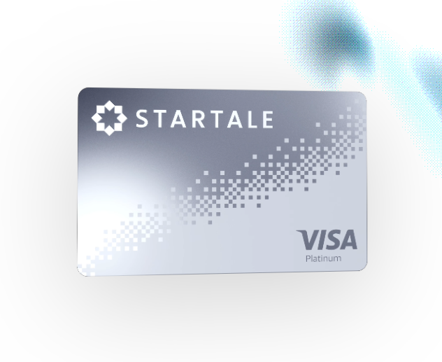 A silver STARTALE Visa Platinum credit card with a pixelated wave design and a glowing teal logo in the background.