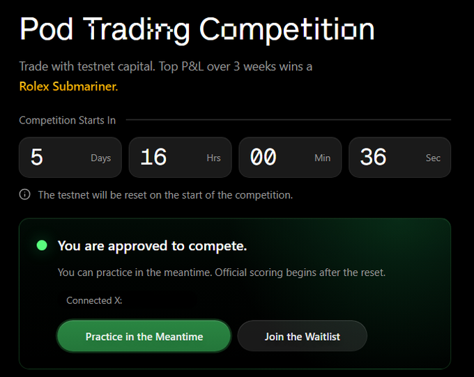 The image shows a screenshot of an online trading competition that takes place over three weeks, which starts at 5 days after the start date. The screen displays the details for joining the pod trade testing competition including the rules, required actions such as logging in with your X account and participating in practice sessions in the given time frame. Additionally, it shows a comparison of how much money people have gained during this competition so far, and some advice on how to maximize their profits when trading in the pod network market.