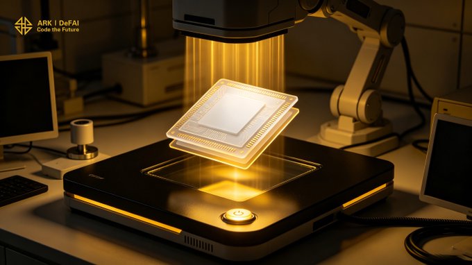A robotic arm in a high-tech laboratory uses a beam of light to delicately lift and examine a microchip hovering above a sleek black device, with "ARK | DeFAI - Code the Future" displayed in the upper left corner. The scene visually echoes the post's message about refining complex AI technology into practical, accessible tools—mirroring how the microchip is being precisely handled and integrated, just as ARK's AI Agents are refined to support everyday content creation, task planning, and Web3 participation.