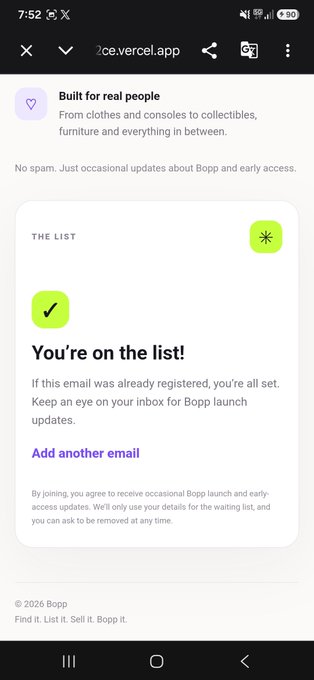A mobile screenshot shows a confirmation page on ce.vercel.app stating 'You're on the list!' for a service called 'Bopp,' which markets itself as 'Built for real people' dealing in collectibles.