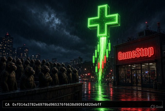 A dark, moody digital artwork shows a crowd of bears facing a GameStop storefront next to a giant glowing green cross/crucifix in the rain, with text 'CA 0xf014a3782e6979bd965376f6638d90914820ebff' at the bottom.