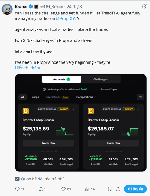 A tweet by Branxi (@OG_Branxi) discusses using the TreadFi AI agent to manage trades on @ProprXYZ, with the agent analyzing and signaling trades while he manually executes them, as he takes on two $25k challenges in Propr. The attached screenshot shows a Propr dashboard displaying two "Bronze 1-Step Classic" paper trading accounts—one with $25,135.69 equity (+$135.01 P&L, 60% win rate) and another with $26,185.07 equity (+$64.65 P&L, 48% win rate)—visually supporting the post's claim about TreadFi becoming the second platform (after MMT) integrated with Propr for AI-assisted prop trading challenges.