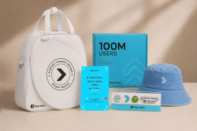 A promotional display of Bitget Wallet merchandise including a white backpack with 'EVERYDAY FINANCE ONCHAIN' text, a blue '100M USERS' box, a denim bucket hat, and branded stickers.