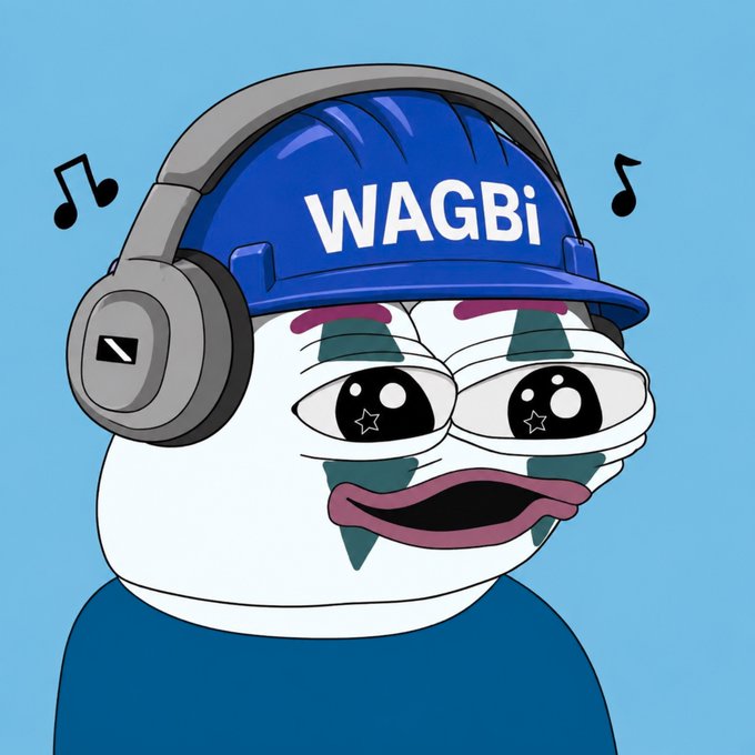 A digital illustration of a Pepe the Frog meme wearing a blue cap labeled 'WAGBI' and silver headphones, with musical notes floating around it.