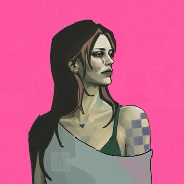 A digital illustration depicts a woman with long dark hair, wearing a black beanie and a checkered tank top, set against a bright pink background.