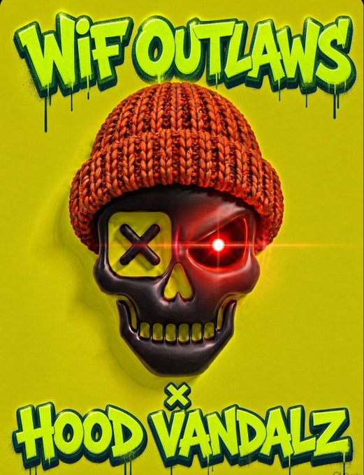 The image shows a black skull wearing an orange knit beanie, with one eye depicted as a yellow X and the other glowing red, set against a lime-green background. The text reads "WIF OUTLAWS" at the top and "HOOD VANDALZ" at the bottom in green graffiti-style lettering, with an "x" between them representing the collaboration mentioned in the post.