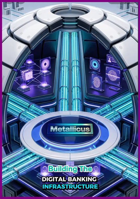 A stylized digital promotional graphic for 'Metallicus' showing a futuristic banking vault interior, with text 'Building The Digital Banking Infrastructure.'