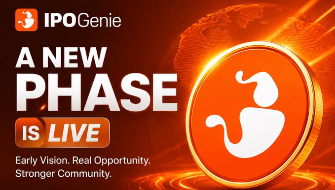 A promotional banner for "IPOGenie" announces "A NEW PHASE IS LIVE" with the tagline "Early Vision. Real Opportunity. Stronger Community." alongside a coin logo.