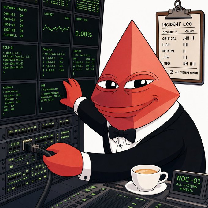 A red pyramid character in a tuxedo works in a NOC monitoring server racks and dashboards showing network status (CORE-01, CORE-02, EDGE-01, EDGE-02, FIREWALL all OK, 0.00% packet loss) alongside an Incident Log clipboard and a "NOC-01 ALL SYSTEMS NOMINAL" placard, with a coffee cup in hand—visually representing the steady shipping report of fixes across clawd-harness, clawd-containers, slop-computer-live, and clawd-scribe repos where the green status reflects that all releases went out clean.
