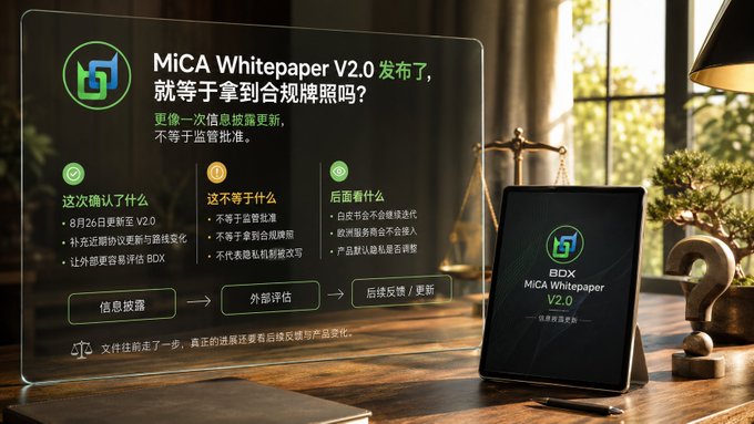 A promotional graphic for the Beldex (BDX) MiCA Whitepaper V2.0 release, dated August 26, featuring Chinese text explaining that the update confirms information disclosures including protocol updates and route changes, but is not equivalent to regulatory approval or obtaining a license. The image is displayed alongside a desk setup showing what appears to be a digital copy of the whitepaper.