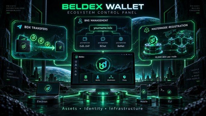 A futuristic green-lit "BELDEX WALLET ECOSYSTEM CONTROL PANEL" graphic features the Beldex logo at its center, flanked by three main modules: "BDX Transfers" showing file icons flowing between folders, "BNS Management" listing sample names like "yourname.bdx," "0xB...D4F," "BChat," and "BelNet," and "Masternode Registration" displaying "10,000 BDX per node" alongside a networked blockchain visualization; below, a central monitor interface highlights four tabs—Assets, Identity, Infrastructure, and Privacy—with a desktop monitor, laptop, mobile phone, and command-line terminal labeled "Electron," "CLI," and "Mobile" supporting the platform, reinforcing the post's message that the Beldex wallet serves as an all-in-one hub for transfers, decentralized naming, and masternode setup rather than just a basic crypto wallet.