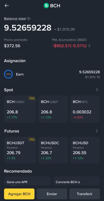 A mobile crypto portfolio screen showing a BCH (Bitcoin Cash) balance of 9.52659228 (~$1,970.09), with an average price of $372.56 and an accumulated PNL of -$902.51 (-5.01%).