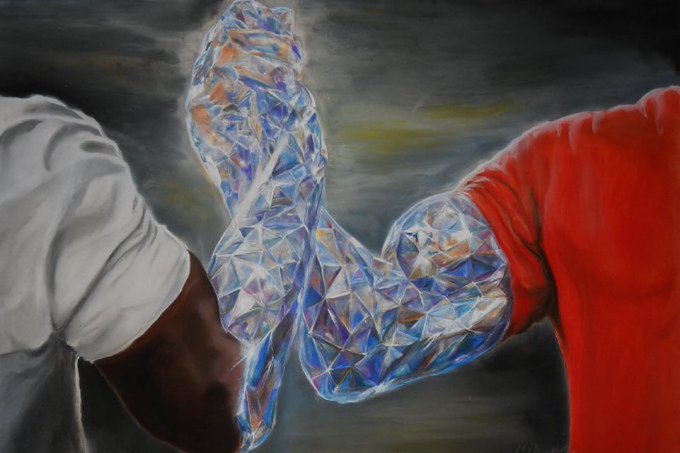 A painting depicting two arms clasping hands, with the sleeves rendered in a faceted, crystalline style reflecting blue, purple, and white light.
