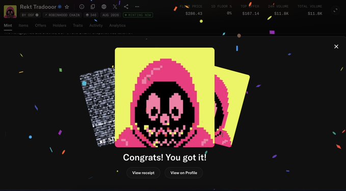 An NFT marketplace page for 'Rckt Tradeoor' displays a pop-up congratulating 'You got it!' on winning a pink and yellow pixelated skull NFT, with volume listed as $11.0K.